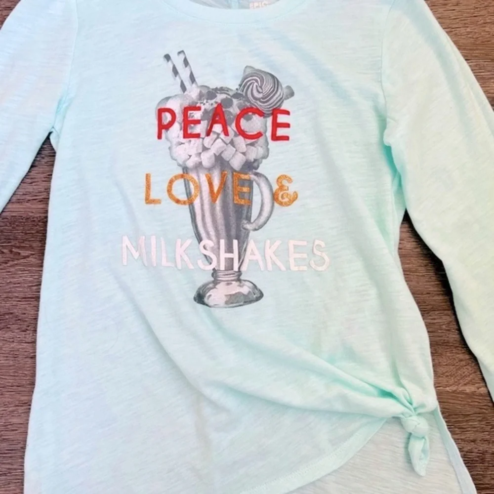 EPIC THREADS Girls Mint Green Tunic Tee Peace Love Milkshakes Long Sleeve Top M